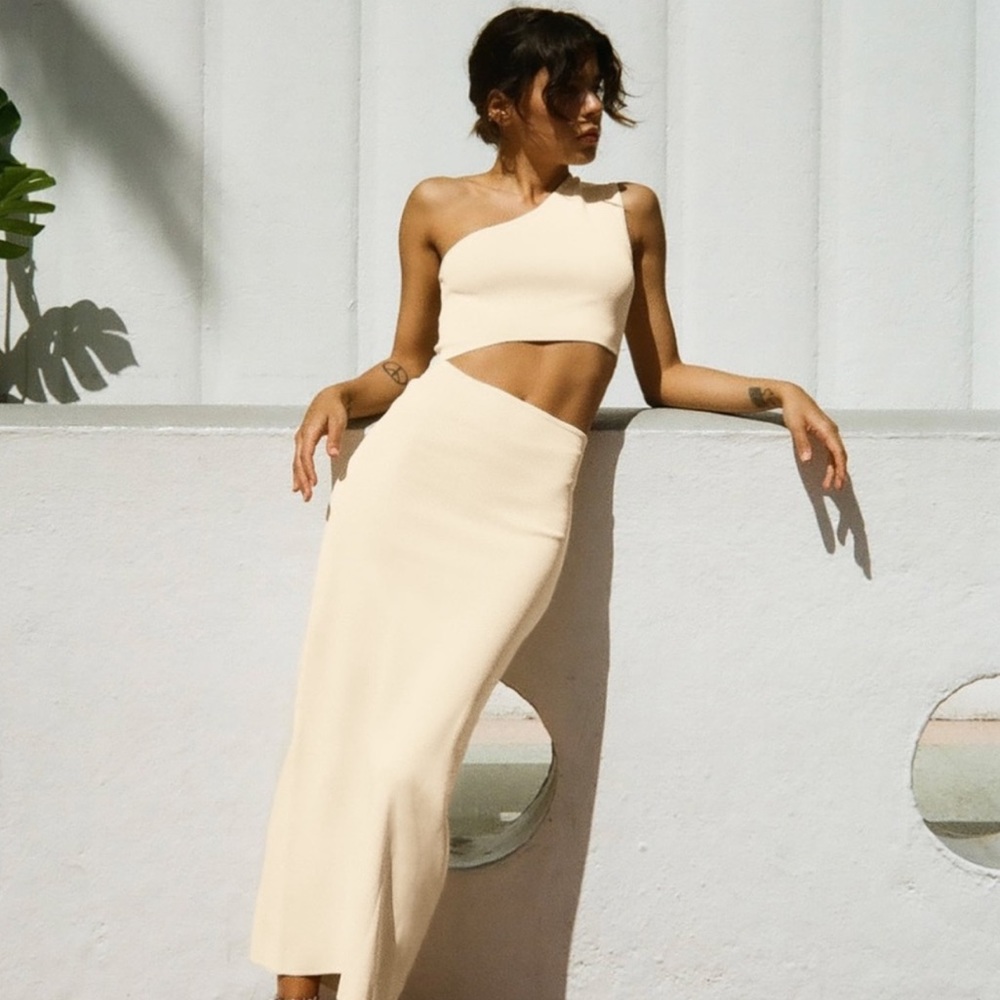 Zara One Shoulder Bandage Midi Dress, Cream, Size Medium